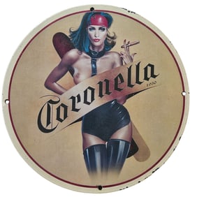 130. Vintage 1950 Coronella Porcelain Sign with Bold Pin-Up Art for Collectors