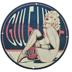 131. Vintage Gulf Oil Porcelain Sign - 1946 Pin-Up Art for Collectors and Enthusiasts