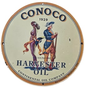 133. Vintage 1929 Conoco Harvester Oil Porcelain Sign | Collectible Continental Oil Company