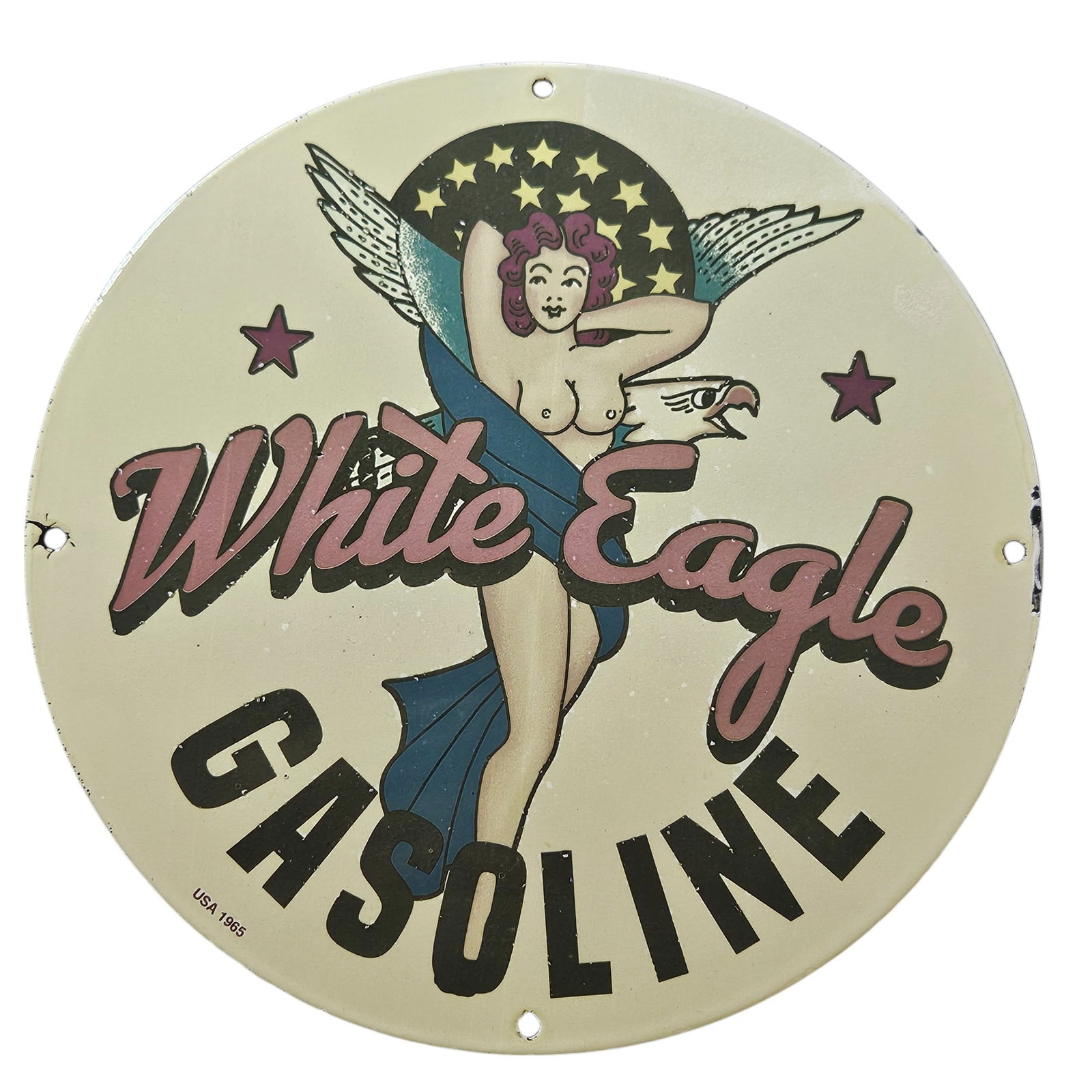 137. Vintage 1965 White Eagle Gasoline Porcelain Sign with Playful Pin-Up Artwork (1 of 2)