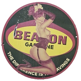 143. Vintage Beacon Gasoline Porcelain Sign with Pin-Up Artwork - Unique Collectible