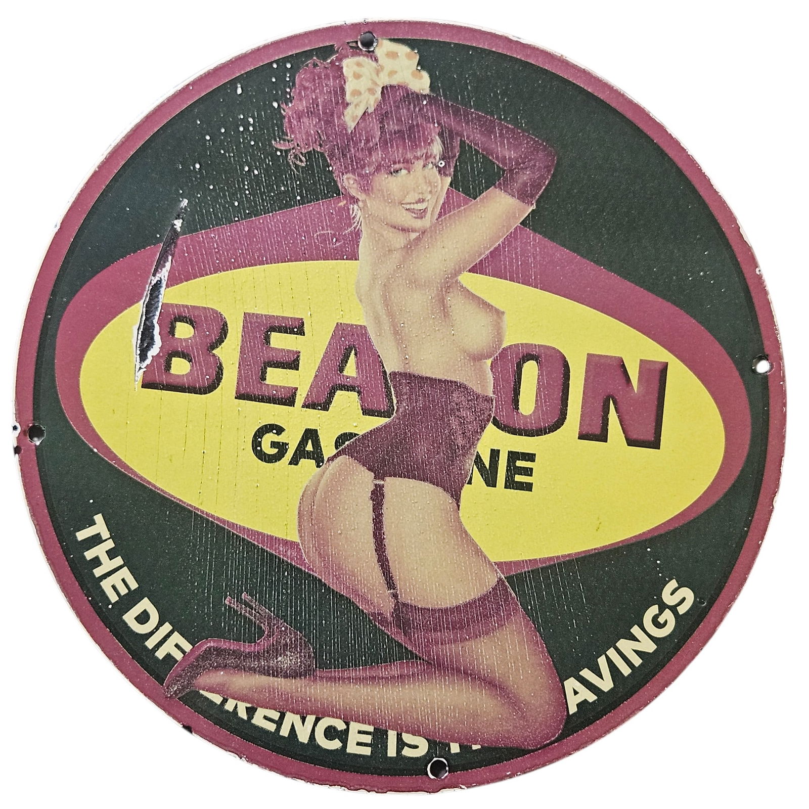 143. Vintage Beacon Gasoline Porcelain Sign with Pin-Up Artwork - Unique Collectible: Discover a remarkable piece of vintage advertising history with this Beacon Gasoline porcelain sign featuring captivating pin-up artwork. Perfect for collectors, automotive enthusiasts, or as a nostal