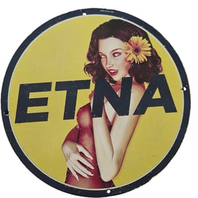 145. Vintage ETNA Porcelain Sign Featuring Retro Pin-Up Artwork - Unique Collectible Decoration