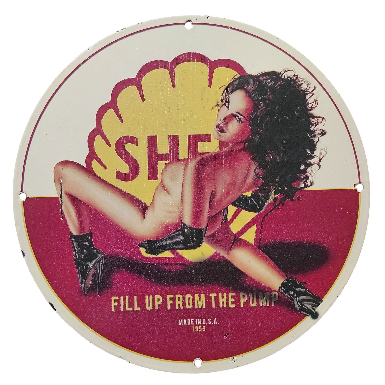 146. Vintage 1959 Shell Porcelain Sign - Fill Up from the Pump with Unique Artwork (1 of 2)