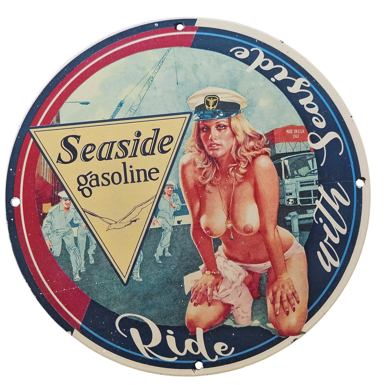149. Vintage Seaside Gasoline Porcelain Sign - Classic Advertising with Nostalgic Charm: This enchanting vintage porcelain sign from Seaside Gasoline encapsulates the dynamic energy of mid-20th century Americana, featuring a striking blend of art and advertising. Measuring approximately [