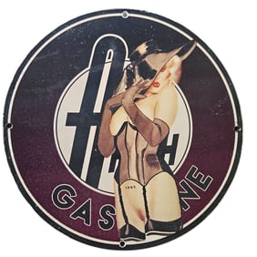 150. Vintage 1945 Porcelain Gasoline Sign with Pin-Up Art Deco Style