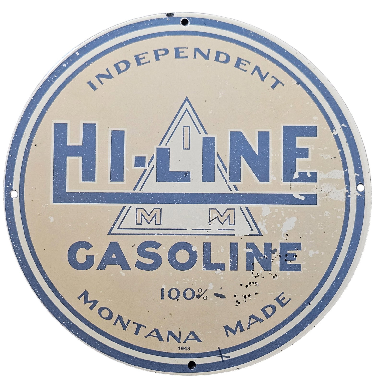 151. Vintage 1943 Hi-Line Gasoline Porcelain Sign - Montana Made - Independent Petroleum: This striking vintage porcelain sign, hailing from 1943, presents a nostalgic glimpse into the history of American independent gasoline brands, specifically Hi-Line Gasoline, proudly Montana-made. Wit