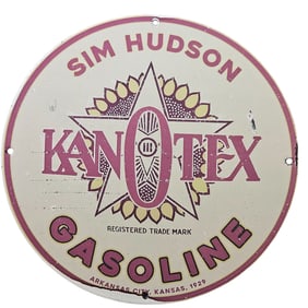 152. Vintage Kanotex Gasoline Porcelain Sign ? Sim Hudson, 1929, Kansas City Collectible