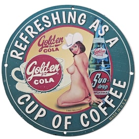 153. Vintage 1960 Golden Cola Porcelain Sign - Refreshing as a Cup of Coffee