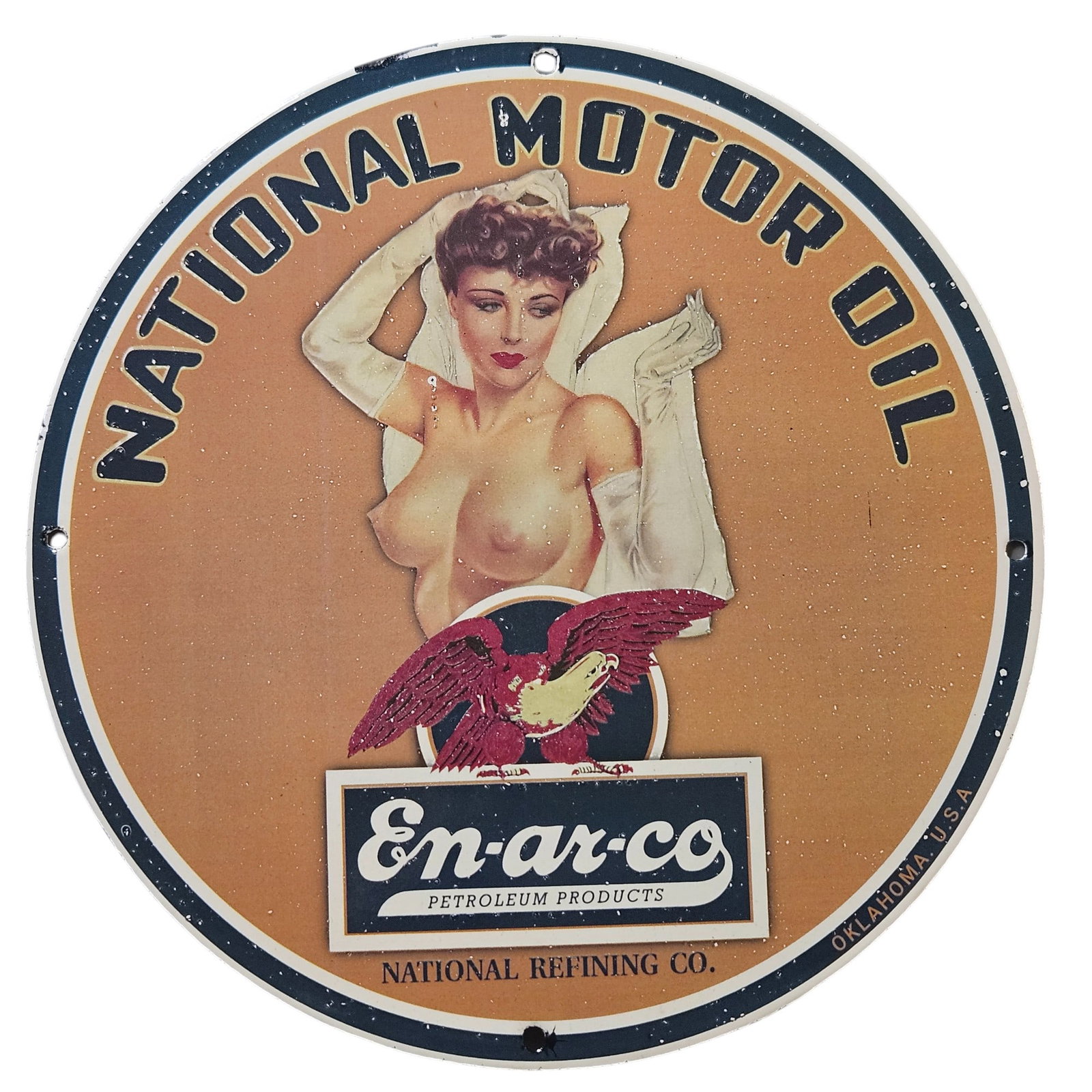 154. Vintage En-ar-co National Motor Oil Porcelain Sign - A Collector's Dream: Discover this exquisite piece of automotive memorabilia?a vintage porcelain sign for En-ar-co National Motor Oil. With a striking design featuring a beautiful pin-up girl and a bold color palette, thi