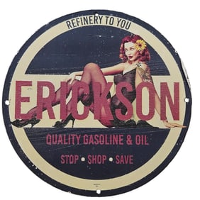 156. Vintage Erickson Porcelain Sign: Quality Gasoline & Oil with Pin-Up Art