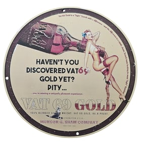 157. Vintage VAT 69 Gold Porcelain Sign: Discover the Unique Taste of 100% Blended Scotch Whisky