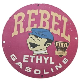 158. Vintage Rebel Ethyl Gasoline Porcelain Sign - Nostalgic Americana Decor