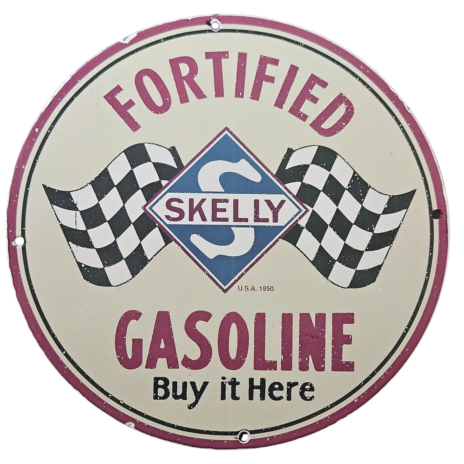 159. Vintage Skelly Fortified Gasoline Porcelain Sign (1950) - Collectible Advertising Memorabilia: This stunning vintage porcelain sign, dating back to 1950, is a rare collectible piece from the renowned Skelly Oil Company. Measuring approximately 12 inches in diameter, this sign captures the essen