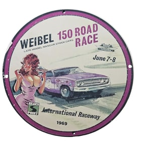 161. Vintage 1969 Weibel 150 Road Race Porcelain Sign - NASCAR Collectible Art