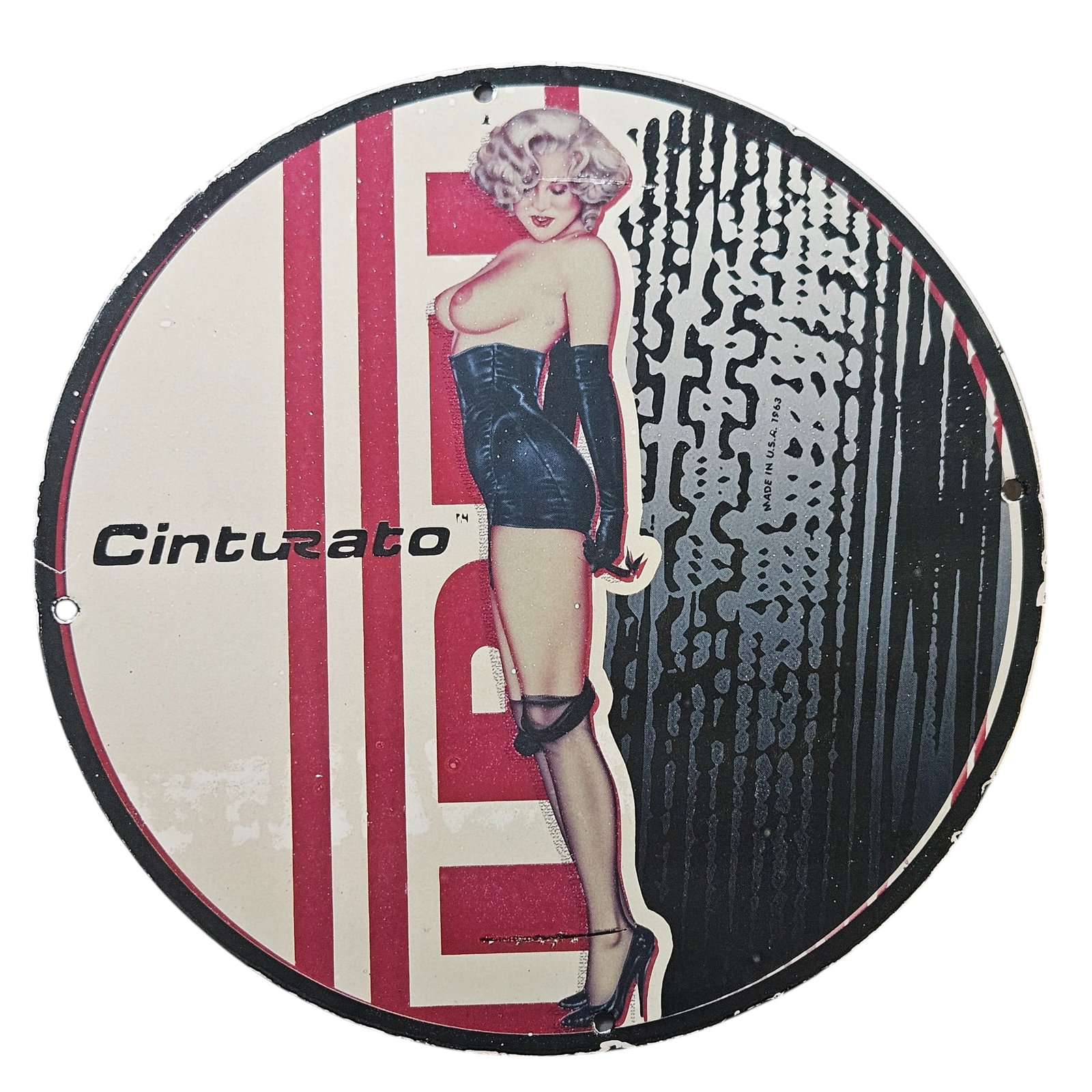 164. Vintage Cinturato Porcelain Sign Featuring Iconic Pin-Up Art ? A Collector's Dream: This stunning vintage porcelain sign, featuring the iconic Cinturato branding, is a true collector's gem that embodies the glamour and allure of retro aesthetics. Measuring approximately 12 inches in 