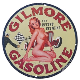 165. Vintage Gilmore Gasoline Porcelain Sign - 1934 Record Breaking Advertising Plaque