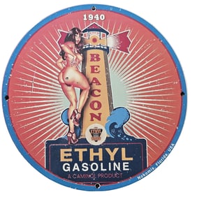 166. 1940 Beacon Ethyl Gasoline Porcelain Sign ? Vintage Gas Station Memorabilia