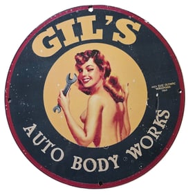 167. Vintage Gil's Auto Body Works Porcelain Sign - 1945 Classic Car Memorabilia