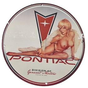 169. Rare Vintage 1964 Pontiac Porcelain Sign with Iconic Pin-Up Artwork