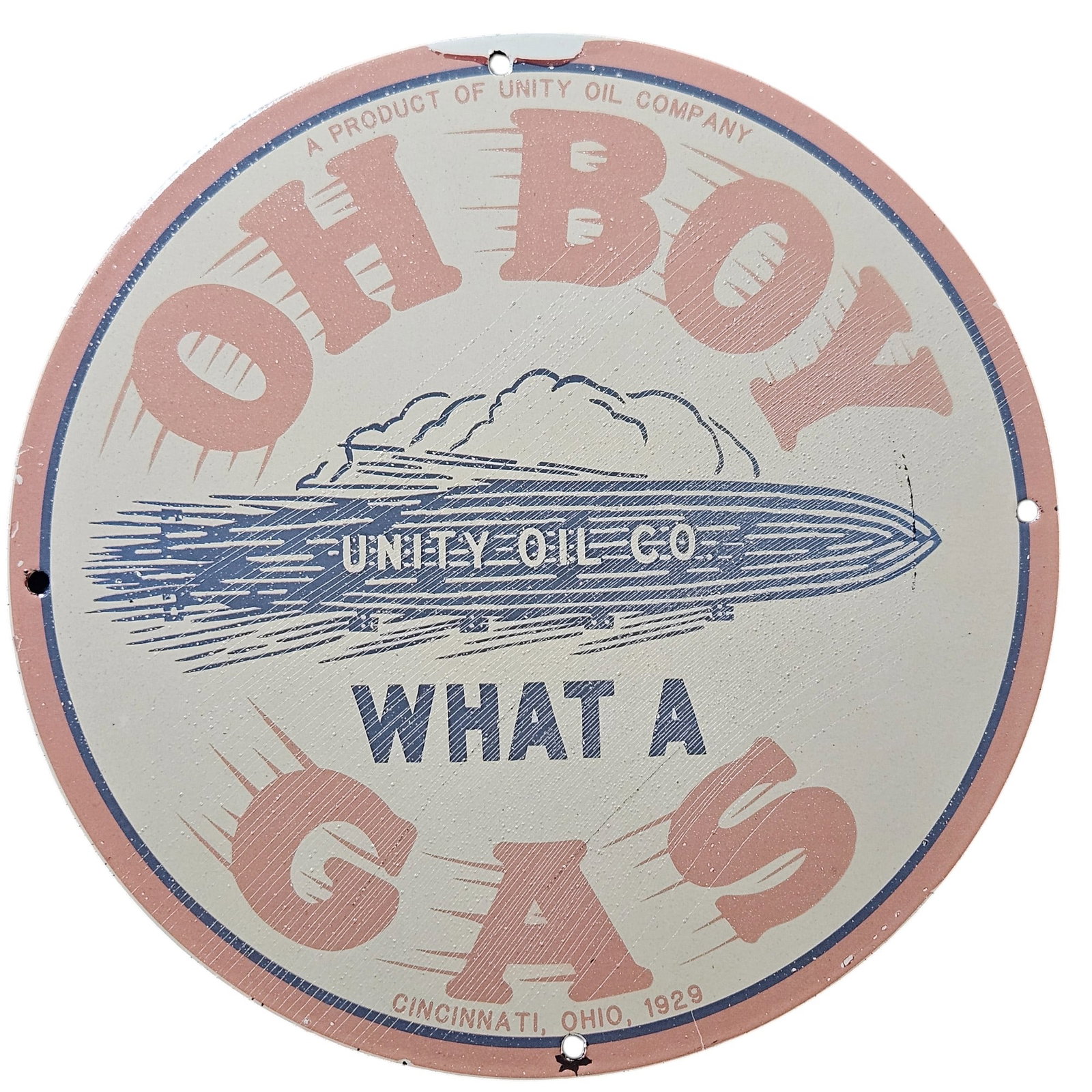 170. Vintage 1929 Unity Oil Company Porcelain Sign - 'Oh Boy, What a Gas!': Discover a piece of history with this vintage porcelain sign from Unity Oil Company, a captivating relic from 1929. Measuring approximately two feet in diameter, this round sign features an iconic des