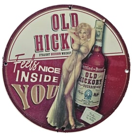 171. Vintage Old Hickory Bourbon Porcelain Sign - Charming Bar Decor for Collectors