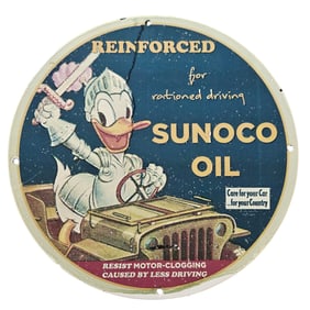 174. Vintage Sunoco Oil Porcelain Sign Featuring Animated Duck ? Rare Collectible