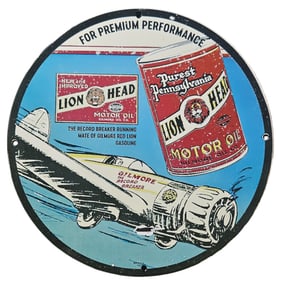 176. Vintage Gilmore Lion Head Motor Oil Porcelain Sign ? For Premium Performance