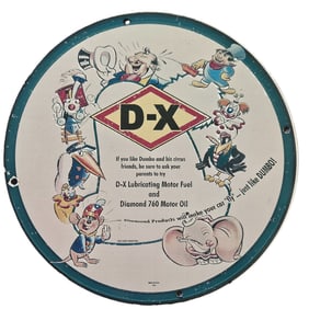 179. Vintage D-X Motor Fuel Porcelain Sign Featuring Dumbo & Friends | Rare Collectible