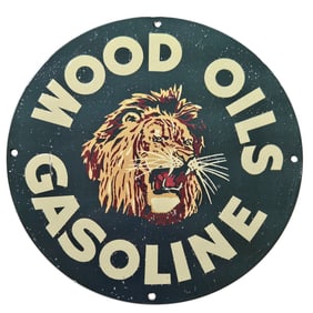 182. Vintage Porcelain Gasoline Sign - Wood Oils with Fierce Lion Design