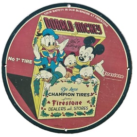 183. Vintage Disney Porcelain Sign featuring Donald Duck and Mickey Mouse for Firestone Tires