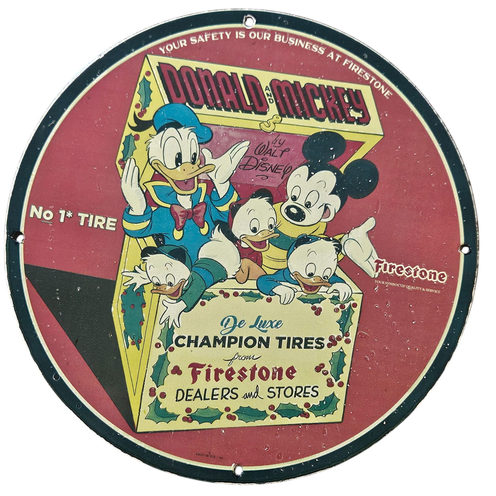 183. Vintage Disney Porcelain Sign featuring Donald Duck and Mickey Mouse for Firestone Tires (1 of 2)