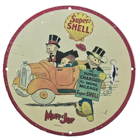 185. Vintage Porcelain Super Shell Sign Featuring Mutt and Jeff - Collectible Gas Advertising