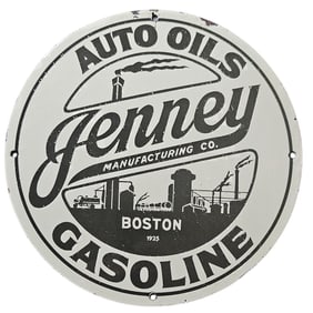 188. Vintage Jenney Manufacturing Co. Porcelain Sign ? Auto Oils & Gasoline, Boston 1925