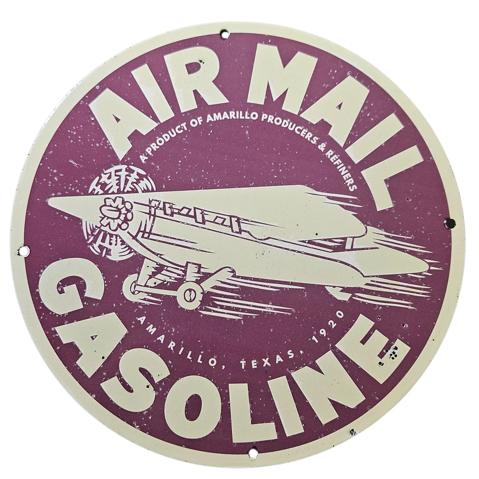 189. Rare Vintage 1920s Air Mail Gasoline Porcelain Sign from Amarillo Producers & Refiners (1 of 2)