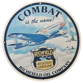 192. Vintage Richfield Aviation Gasoline Porcelain Sign - Combat is the Name!