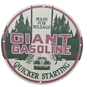 196. Vintage Giant Gasoline Porcelain Sign - Quicker Starting for Mileage Enthusiasts