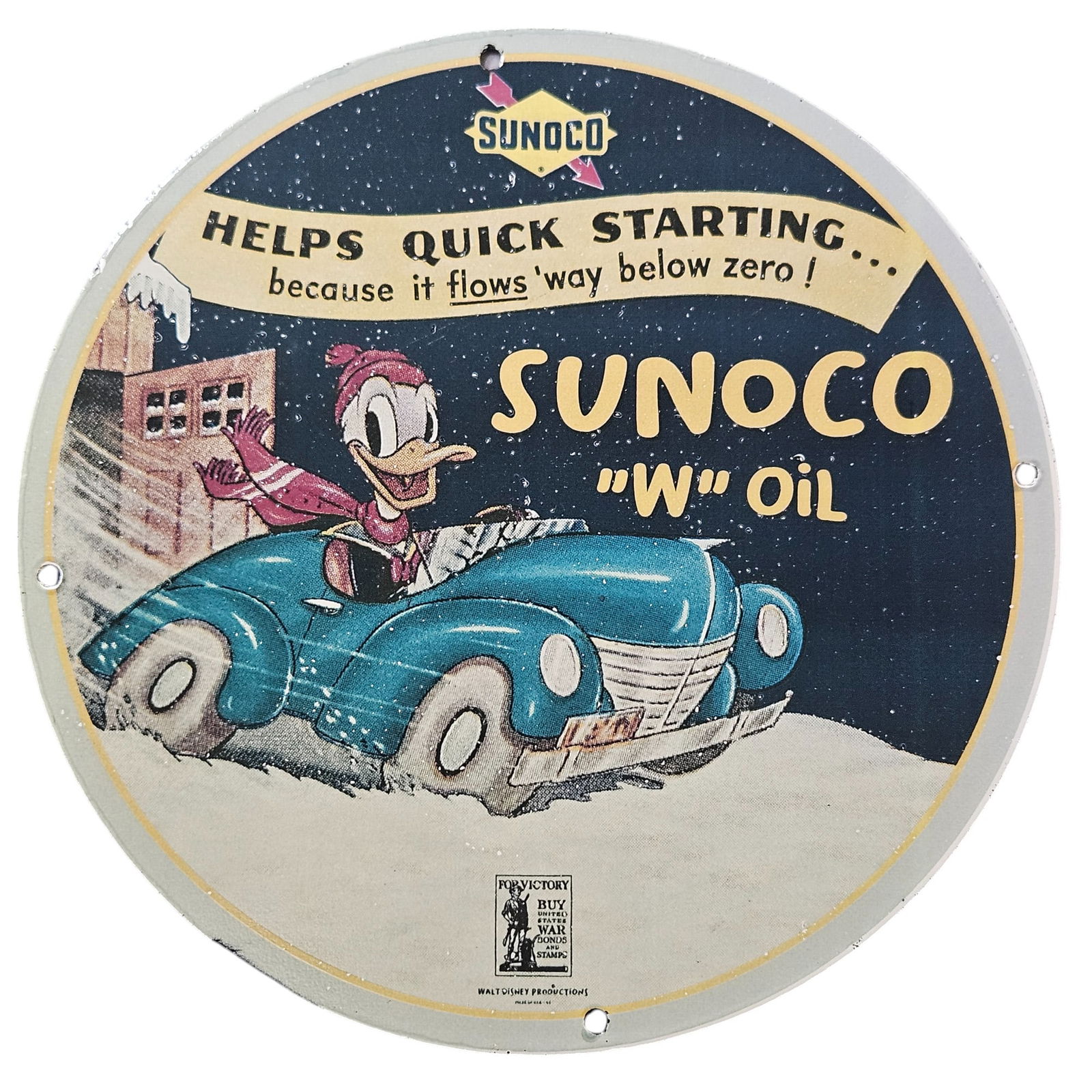 197. Vintage Sunoco Porcelain Sign Featuring Quick Starting 'W' Oil - Classic Car Art (1 of 2)