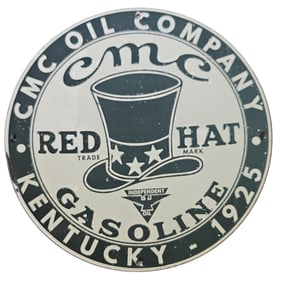 200. Vintage CMC Oil Company Red Hat Gasoline Porcelain Sign, Kentucky 1925