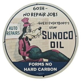 201. Vintage Porcelain Sign: Sunoco Oil with Goofy Character - Auto Repairs Advertisement