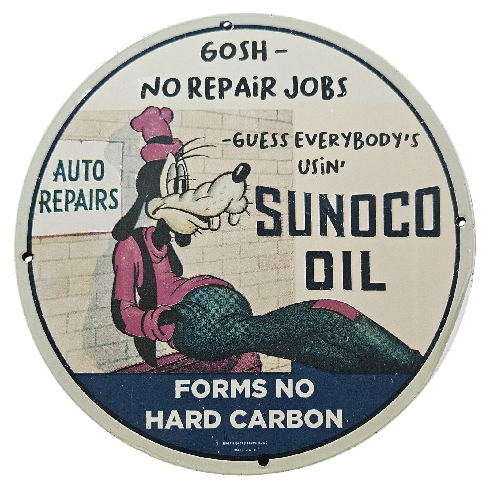 201. Vintage Porcelain Sign: Sunoco Oil with Goofy Character - Auto Repairs Advertisement (1 of 2)