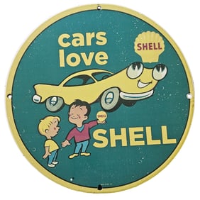 203. Vintage Shell Porcelain Sign: Cars Love Shell - Collectible Gas Station Memorabilia