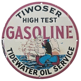 205. Vintage Tiwoser High Test Gasoline Porcelain Sign with Popeye - Tidewater Oil Service