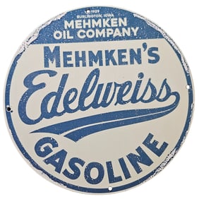 208. Vintage 1929 Mehmken's Edelweiss Gasoline Porcelain Sign - Collectible Advertising Memorabilia