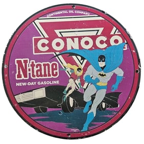 214. Rare Conoco Porcelain Sign Featuring Batman and Robin ? Collector's Item