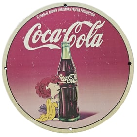 221. Vintage Coca-Cola Porcelain Sign Featuring Charlie Brown Christmas Design