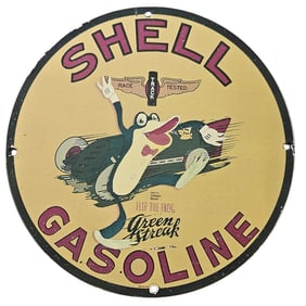 222. Vintage Shell Gasoline Porcelain Sign with Flip the Frog Design ? Rare Collectible