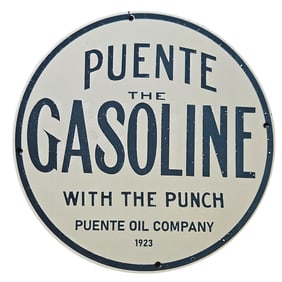 224. Vintage 1923 Puente Gasoline Porcelain Sign - Rare Collectible Advertising