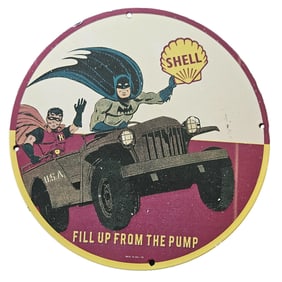 225. Vintage Batman and Robin Porcelain Shell Sign - Fill Up from the Pump