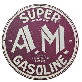 230. Rare Vintage A.M. Petroleum Super Gasoline Porcelain Sign from Amarillo, Texas (1924)
